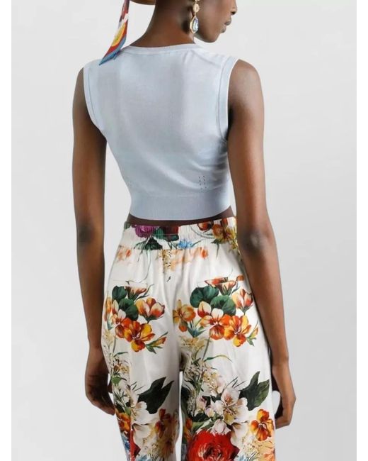 Dolce & Gabbana Blue Silk Blend Sleeveless Cropped Top Floral