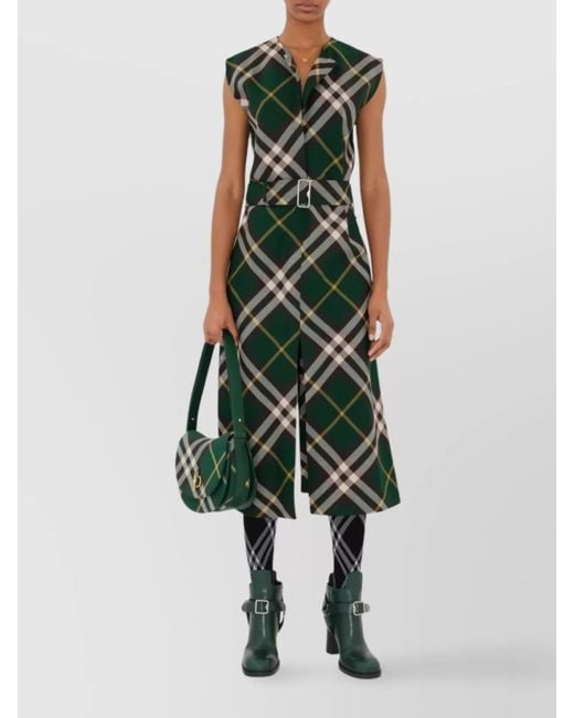 Burberry Green Wool V-Neck Sleeveless Belted Check Midi Dress