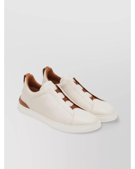 Zegna Natural Triple Stitch Leather Sneakers Round Toe for men