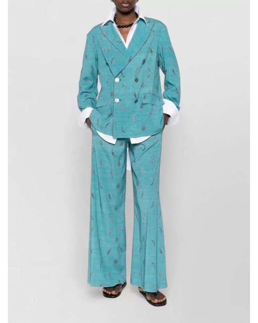 Pierre Louis Mascia Blue Silk Printed Wide-Leg Trousers