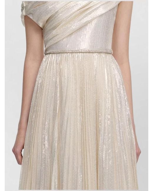 Self-Portrait Natural Metallic Chiffon Gown Asymmetrical Neckline Belt