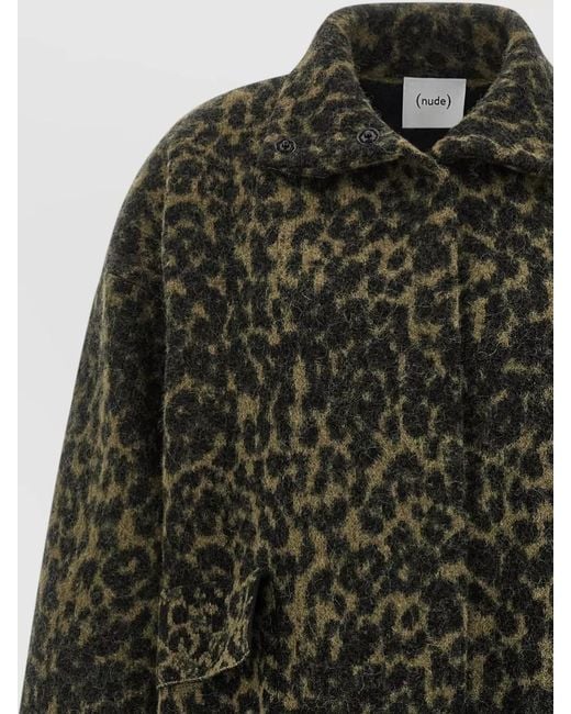 Nude Multicolor Long Animal Pattern Coat Ribbed Cuffs Pockets