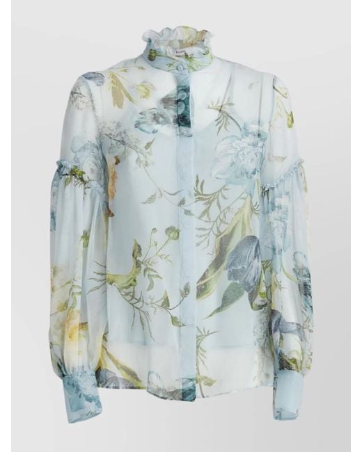 Erdem Blue Silk Floral Print Long Sleeve Blouse