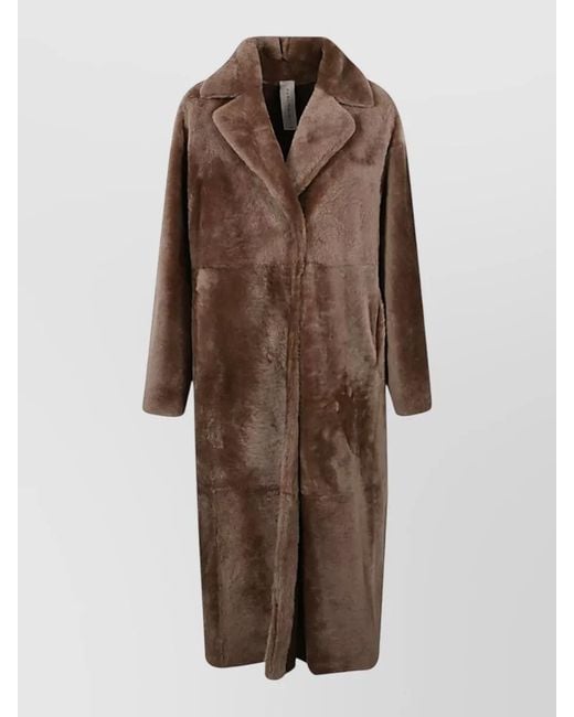 FURLING BY GIANI Brown Long Faux Fur Coat Notch Lapels