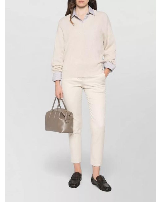Brunello Cucinelli Natural Silk Blend V Neck Long Sleeve Knit