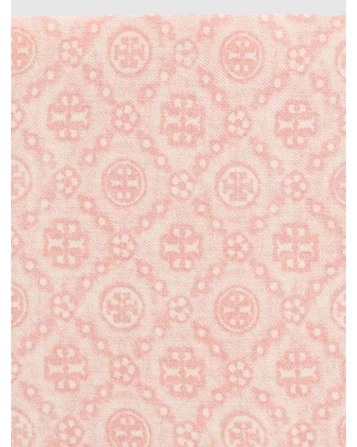 Tory Burch Pink Patterned Scarf All Over Fringed Edges