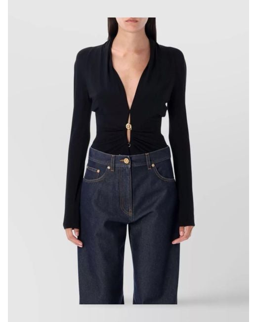 Versace Blue Deep V Neck Pin Draped Bodysuit