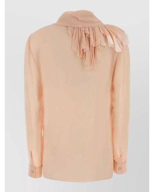 Alberta Ferretti Natural Silk Shirt Shawl Collar Ruffles Cuffs