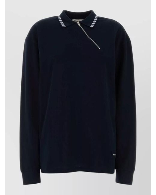 Miu Miu Blue Ribbed Oversized Long-Sleeve Polo Shirt