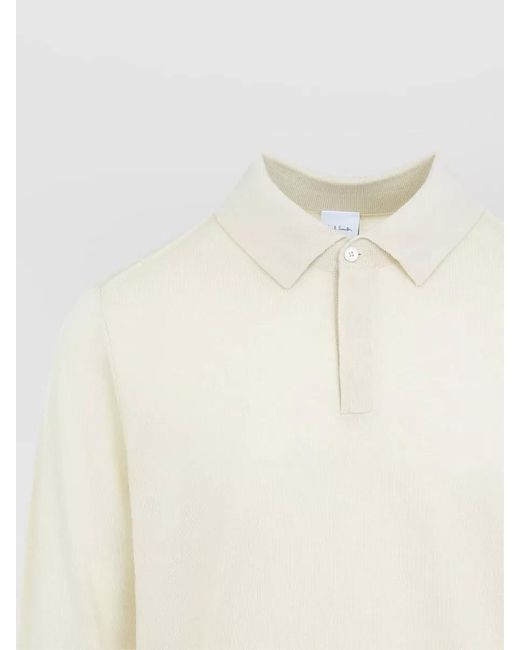 Paul Smith White Long Sleeve Knit Polo Ribbed Cuffs Hem for men