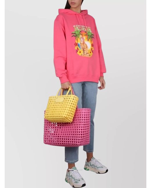 MSGM Pink Graphic Print Hooded Sweatshirt With Ribbed Design