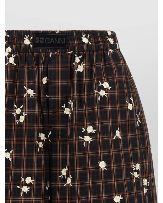 Ganni Black Flower Check Loose Fit Bermuda Shorts