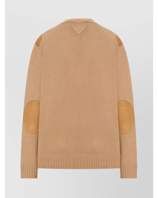 Prada Natural Cashmere Wool Relaxed-Fit Suede-Panel V-Neck Jumper