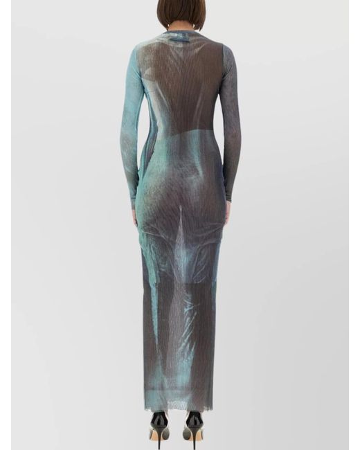 Jean Paul Gaultier Blue Printed Mesh Slim-Fit Maxi Dress