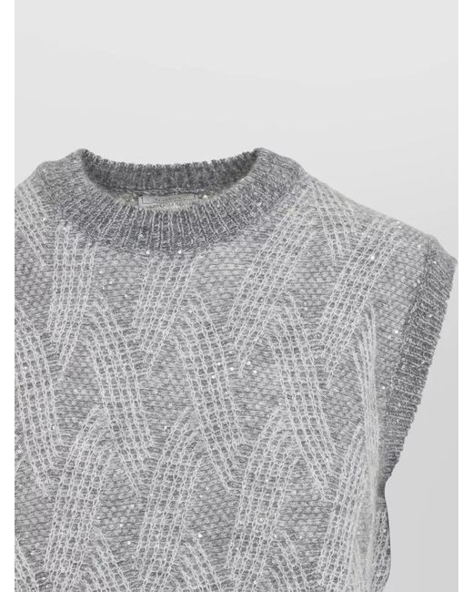 Peserico Gray Ribbed Openwork Sleeveless Mock Neck Knitted Top