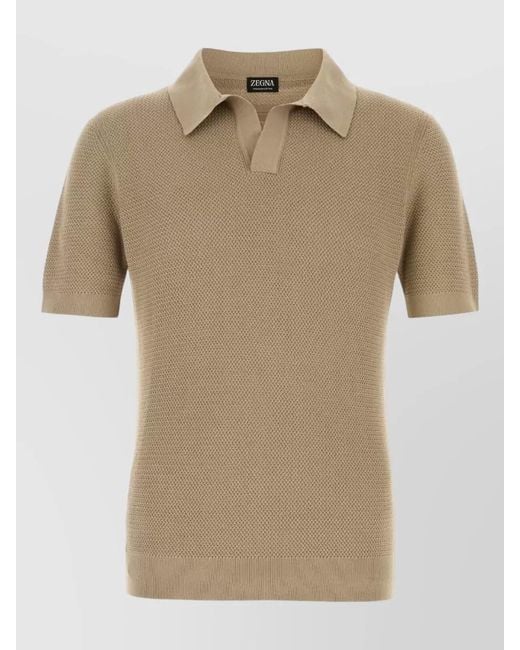 Zegna Natural Cotton Polo Shirt Ribbed Hem Short Sleeves for men