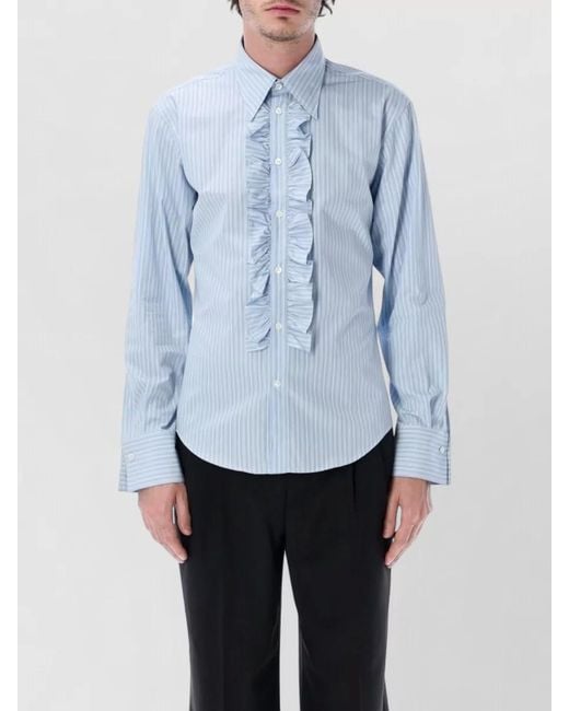 AMI Blue Striped Shirt Pointed Collar Ruffle Front for men