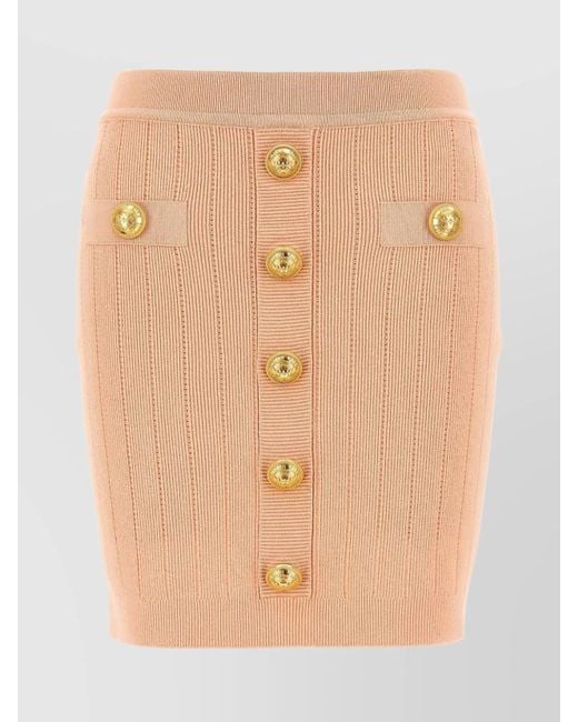 Balmain Natural Ribbed High-Waisted Mini Skirt With Button