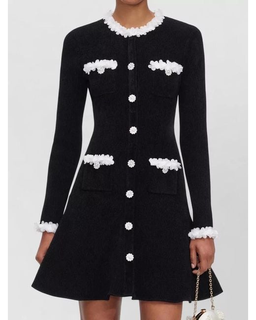 Self-Portrait Black Knit Mini Dress Contrast Floral Trims