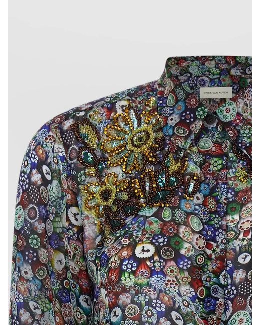 Dries Van Noten Gray Glass Kaleidoscope Shirt Beaded Floral Pattern