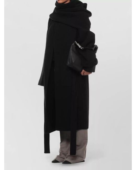 Rick Owens Black Long Hooded Coat Belt And Cape