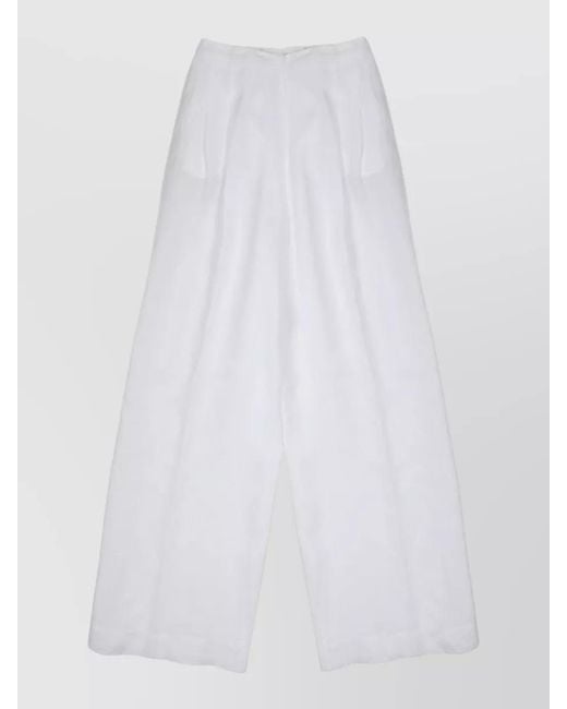 120% Lino White Linen Trousers Pleated Design Relaxed Fit