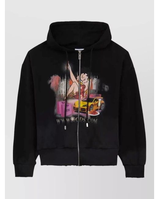 Gcds Black Betty Boop Fleece Zip Hoodie Raw Hem for men