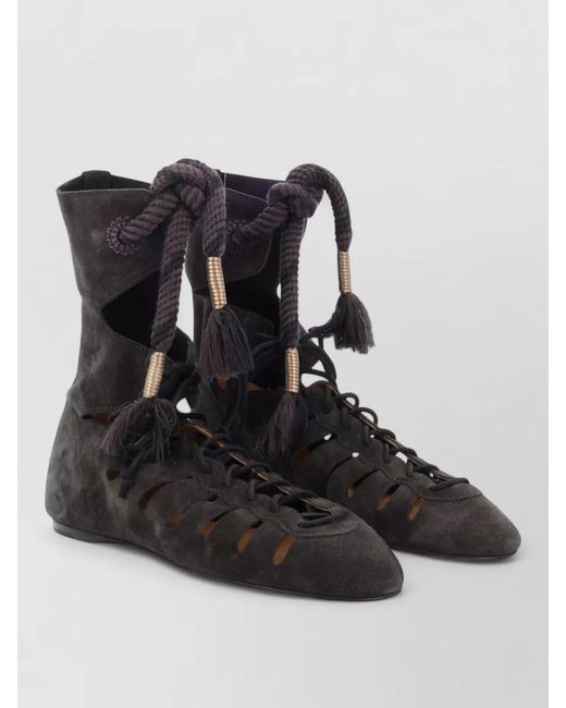 Isabel Marant Black Lace Up Shoes Suede Cut Out Tassels