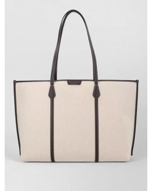 Tory Burch Natural Perry Tote Bag Dual Handles Contrast Trim