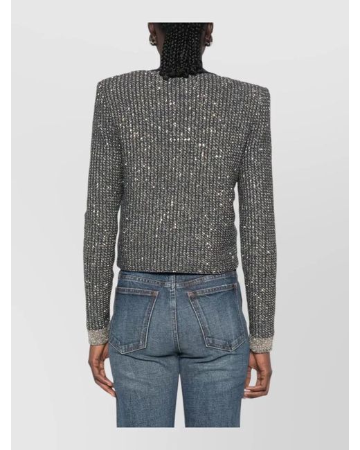 Balmain Gray Knit Cardigan Contrast Trim Cropped Length