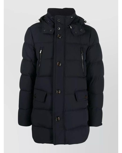 Moorer Blue Hooded Quilted Coat Front And Zip Pockets for men