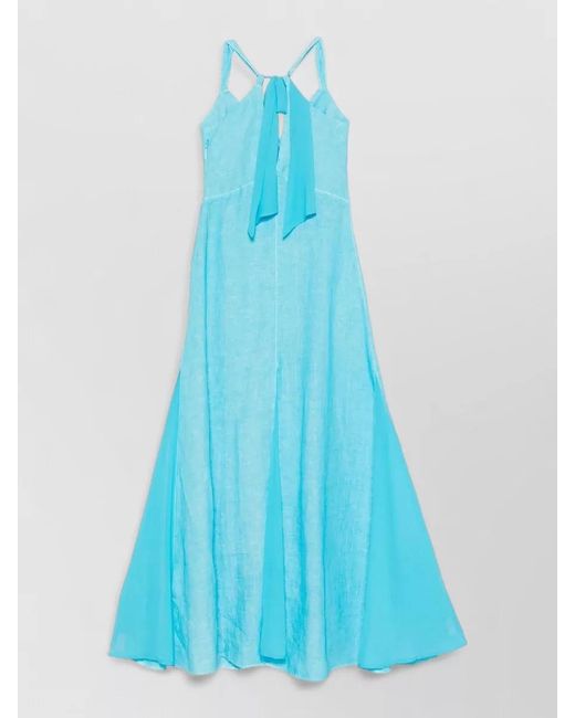 120% Lino Blue Linen Dress Maxi Length Summer Neckline