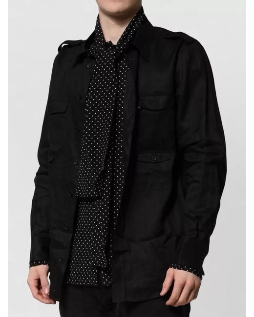 Dolce & Gabbana Black Silk Linen Crystal Embellished Polka Dot Long Sleeve Shirt for men