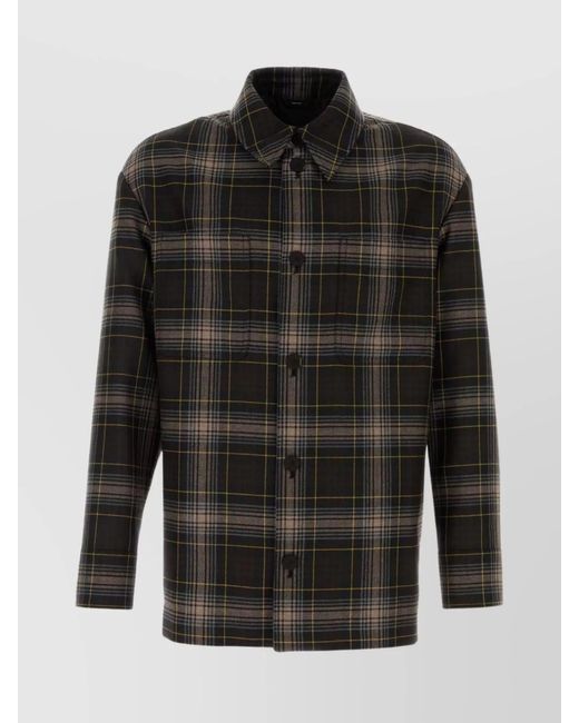 Fendi Black Wool Shirt With Embroidered Checked Pattern for men