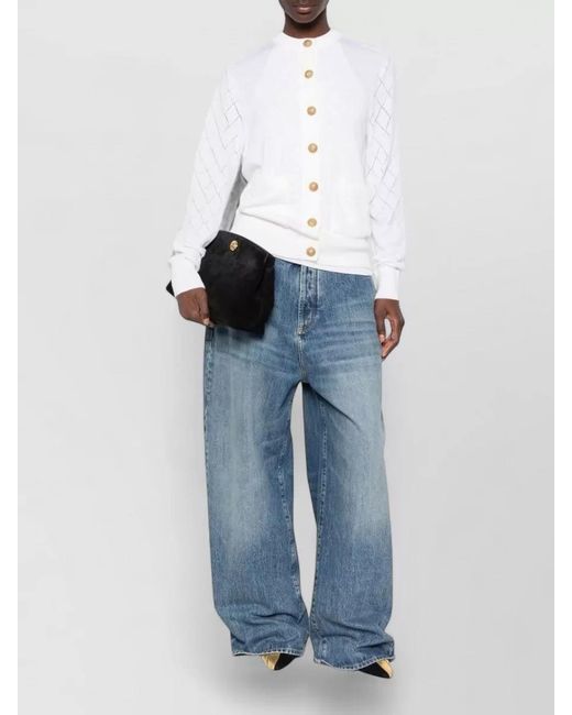 Balmain White Wool Cardigan Diamond Sleeves Front Pockets