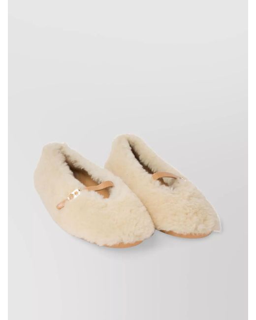 Ferragamo Natural Shearling Ballet Flats With Faux Fur Texture