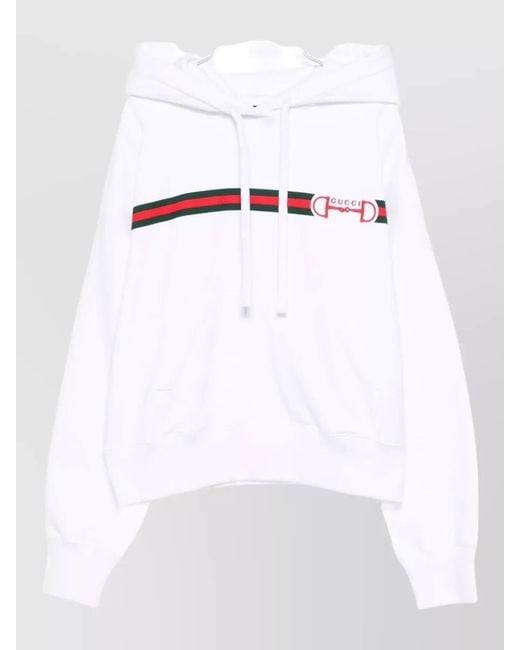 Gucci White Hooded Top Drawstring Kangaroo Pocket Ribbed