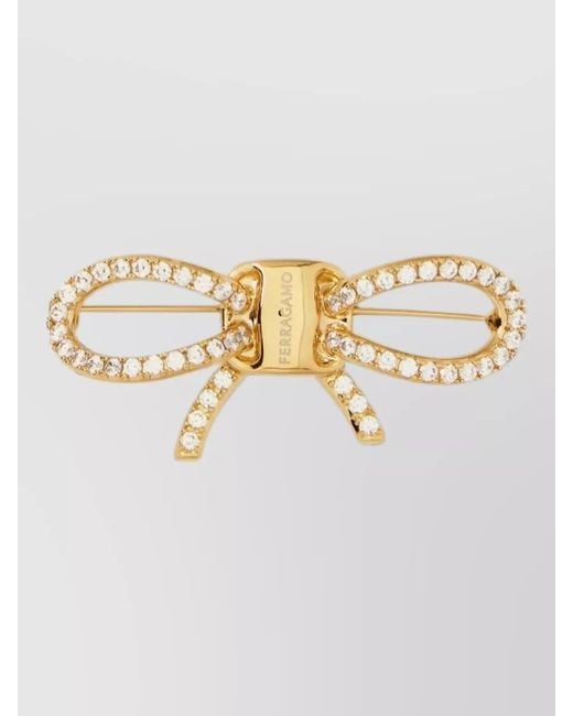 Ferragamo Metallic Crystal-Embellished Bow Brooch