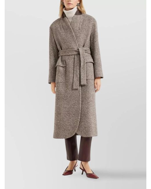 Brunello Cucinelli Natural Silk Wool Belted Single Breasted Coat