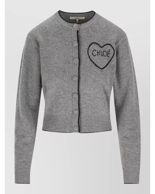 Chloé Gray Cashmere Wool Fitted Logo Cardigan