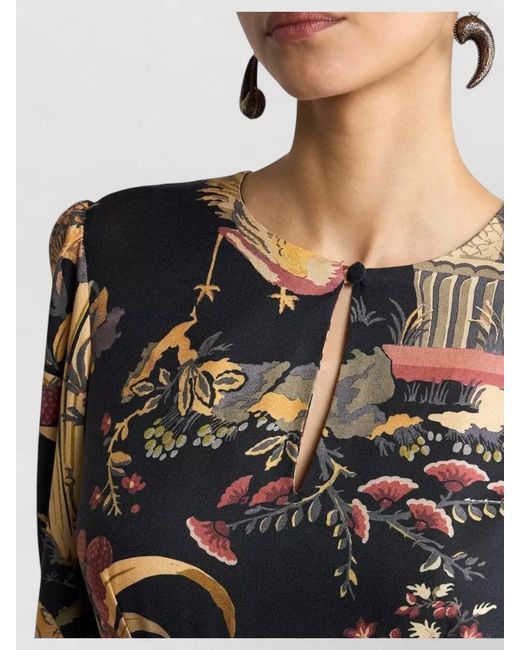 Etro Black Crepe Midi Dress Animal And Floral Motif