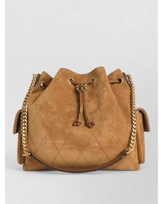 Tory Burch Natural Medium Suede Quilted Bucket Bag