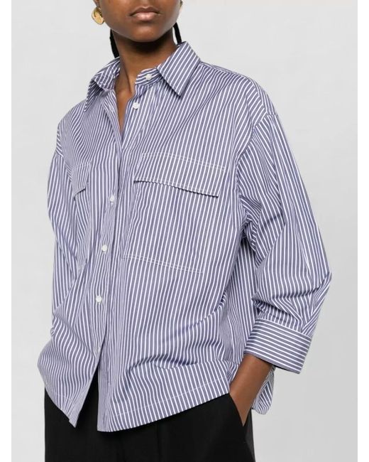 Brunello Cucinelli Purple Longline Cotton Shirt Chest Pockets Stripes