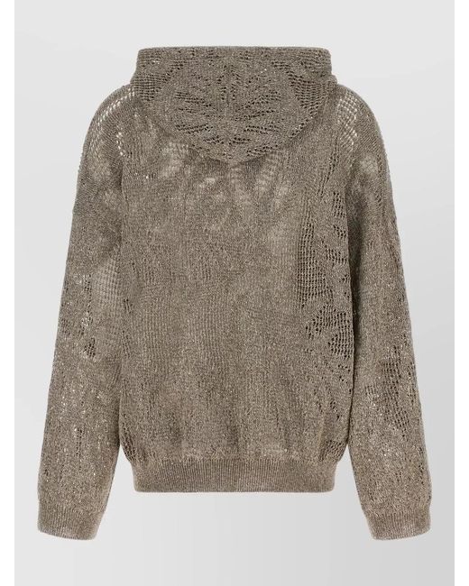 Brunello Cucinelli Gray Hooded Floral Openwork Knit Sweater