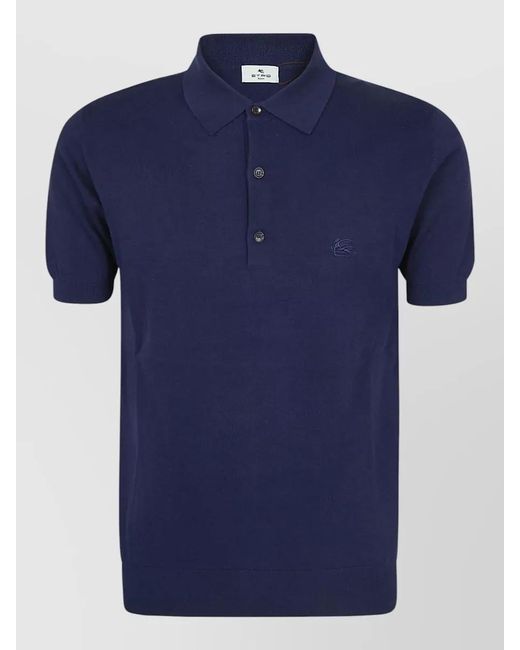 Etro Blue Cotton Knit Regular-Fit Short-Sleeve Polo Shirt for men