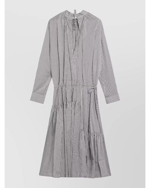 Dries Van Noten Gray Striped Dress High Neck Long Sleeves Tiered
