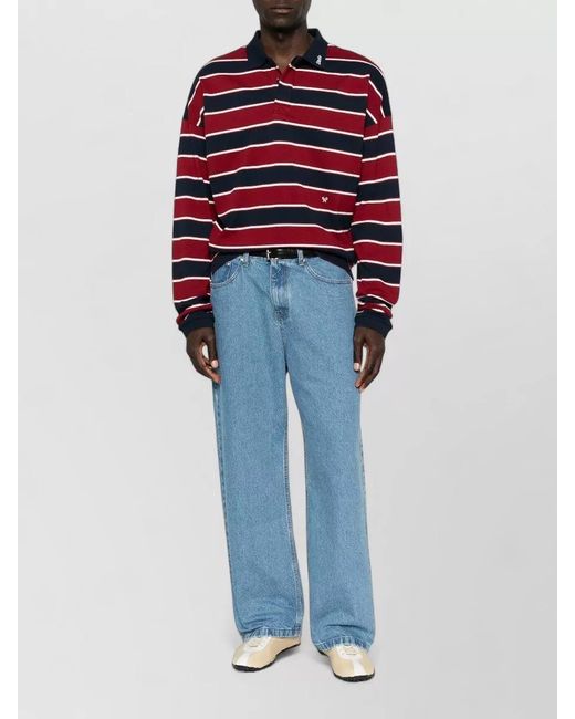 Rhude Red Striped Long Sleeve Polo Shirt Logo for men
