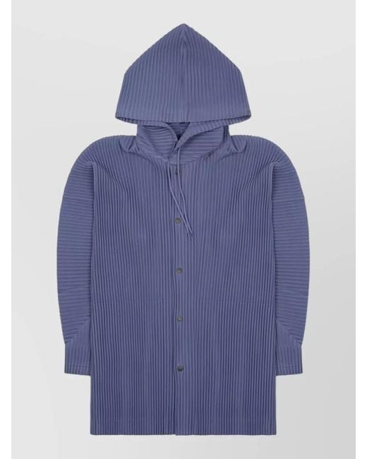 Homme Plissé Issey Miyake Blue Hooded Longline Coat Ribbed Texture for men