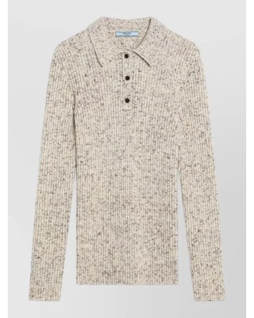 Prada Natural Knit Polo Shirt Long Sleeve Ribbed