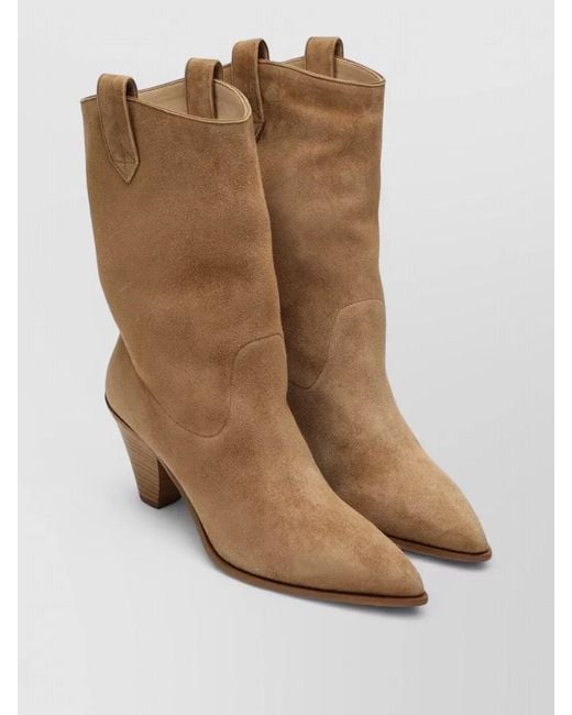 Aquazzura Brown Suede Pointed Toe Boots Pull Tabs Heel